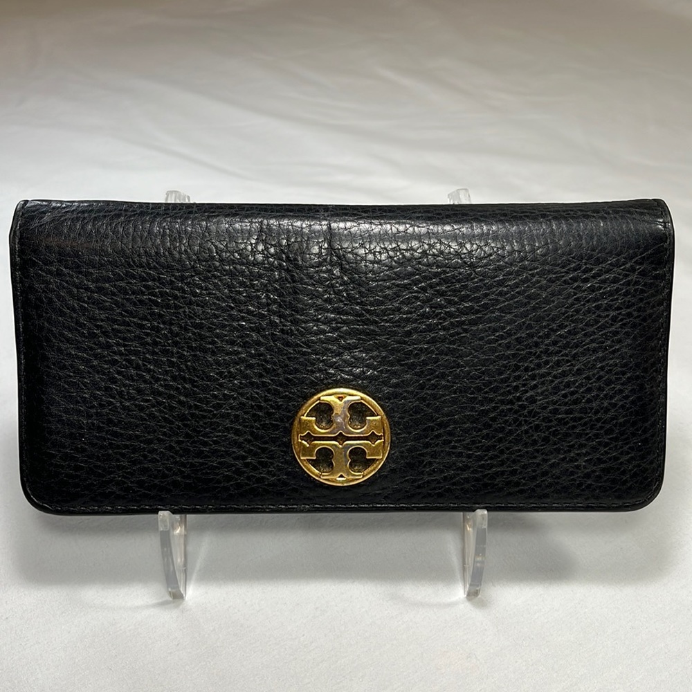 Tori Burch bifold wallet, black pebbled leather